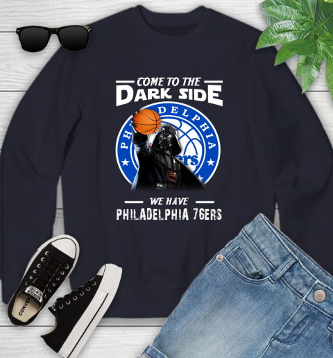 NBA Come To The Dark Side We Have Philadelphia 76ers Star Wars Darth Vader Basketball Youth Sweatshirt 2