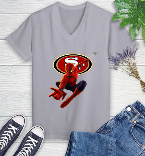 NFL Spider Man Avengers Endgame Football San Francisco 49ers Women's V-Neck T-Shirt 4