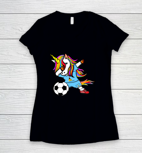 Funny Dabbing Unicorn Saint Lucia Football Flag Soccer Women's V-Neck T-Shirt