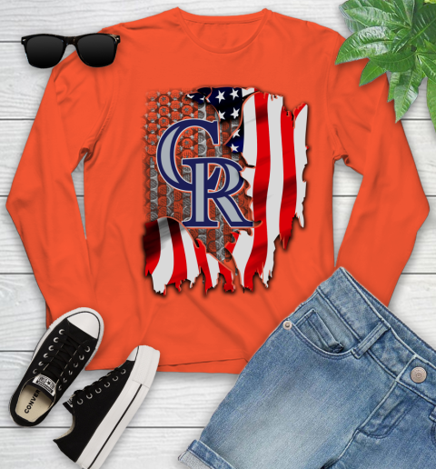 Colorado Rockies MLB Baseball American Flag Youth Long Sleeve 3