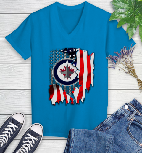 Winnipeg Jets NHL Hockey American Flag Women's V-Neck T-Shirt 7