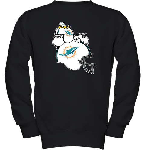 Snoopy And Woodstock Resting On Minami Dolphins Helmet Youth Sweatshirt