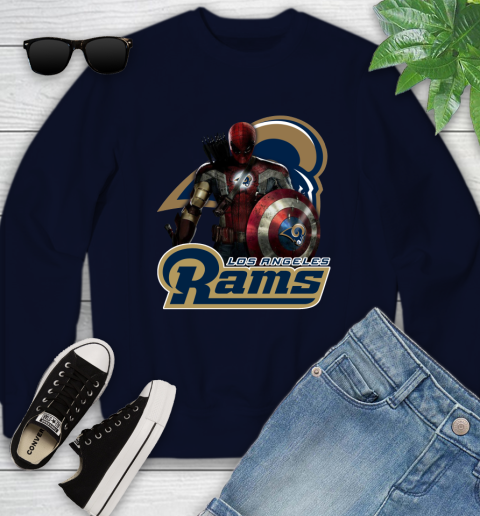 NFL Captain America Thor Spider Man Hawkeye Avengers Endgame Football Los Angeles Rams Youth Sweatshirt 3