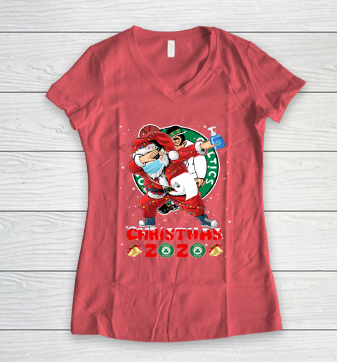 Boston Celtics Funny Santa Claus Dabbing Christmas 2020 NBA Women's V-Neck T-Shirt 4