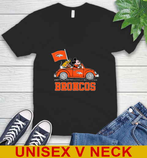 NFL Football Denver Broncos Pluto Mickey Driving Disney Shirt V-Neck T-Shirt 2