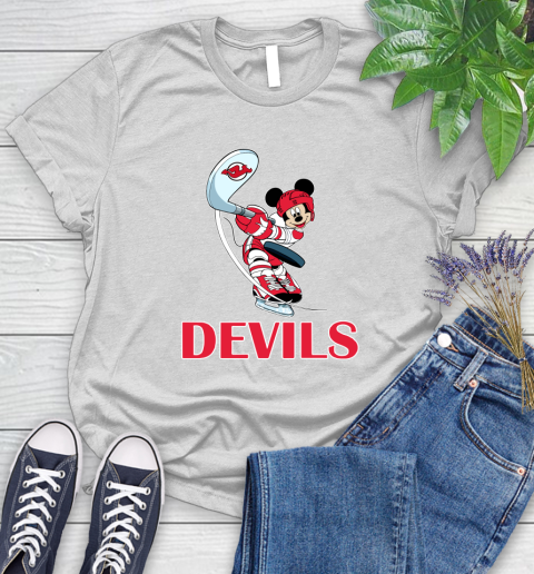 NHL Hockey New Jersey Devils Cheerful Mickey Mouse Shirt Women's T-Shirt 3 NHL Hockey New Jersey Devils Cheerful Mickey Mouse Shirt Women's T-Shirt - Image 3
