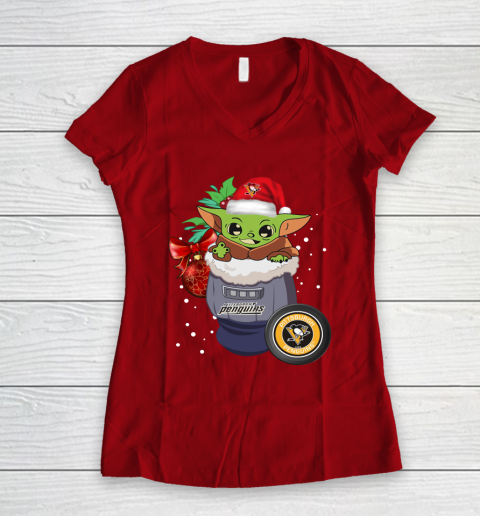 Pittsburgh Penguins Christmas Baby Yoda Star Wars Funny Happy NHL Women's V-Neck T-Shirt 10