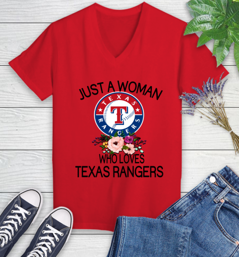 MLB Just A Woman Who Loves Texas Rangers Baseball Sports Women's V-Neck T-Shirt 7