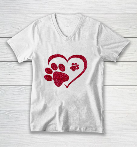 Paw Print Heart Dog Cat Owner Lover Girl Valentine Day V-Neck T-Shirt