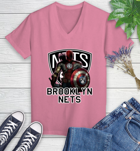 Brooklyn Nets NBA Basketball Captain America Thor Spider Man Hawkeye Avengers Women's V-Neck T-Shirt 13