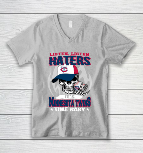 Listen Haters It is TWINS Time Baby MLB V-Neck T-Shirt 3