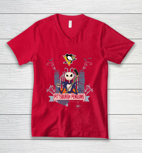 NHL Pittsburgh Penguins Hockey Jack Skellington Halloween V-Neck T-Shirt 6