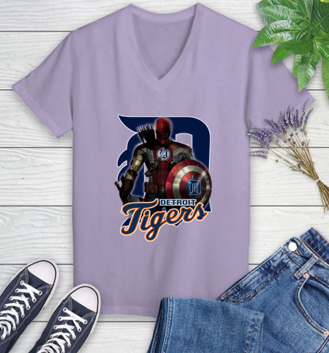 MLB Captain America Thor Spider Man Hawkeye Avengers Endgame Baseball Detroit Tigers Women's V-Neck T-Shirt 14