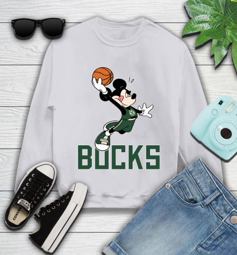 NBA Basketball Milwaukee Bucks Cheerful Mickey Mouse Shirt Youth Sweatshirt 4
