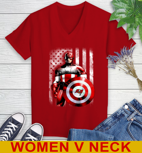 Tampa Bay Buccaneers NFL Football Captain America Marvel Avengers American Flag Shirt Women's V-Neck T-Shirt 10