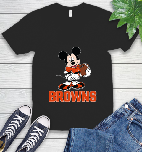 NFL Football Cleveland Browns Cheerful Mickey Mouse Shirt V-Neck T-Shirt