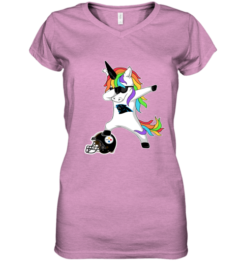 w7y8 football dabbing unicorn steps on helmet carolina panthers women v neck t shirt 39 front heather radiant orchid