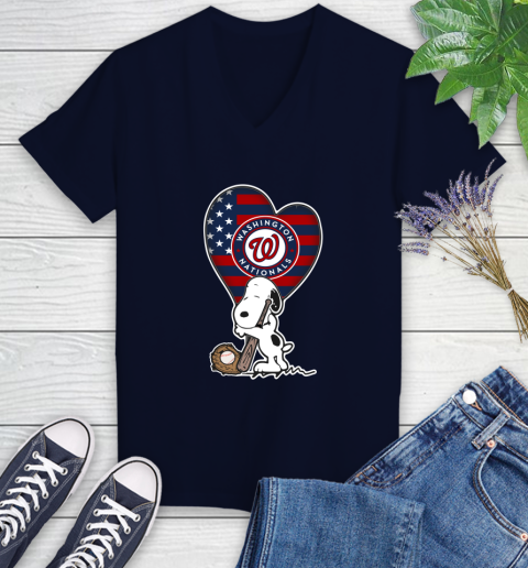 Washington Nationals MLB Baseball The Peanuts Movie Adorable Snoopy Women's V-Neck T-Shirt 3