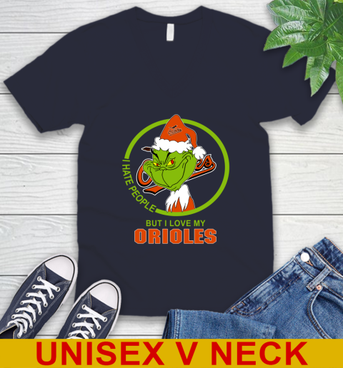 Baltimore Orioles MLB Christmas Grinch I Hate People But I Love My Favorite Baseball Team V-Neck T-Shirt 3