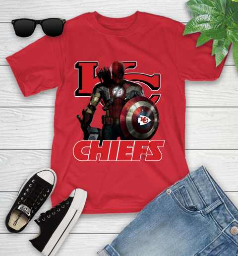 NFL Captain America Thor Spider Man Hawkeye Avengers Endgame Football Kansas City Chiefs Youth T-Shirt 10