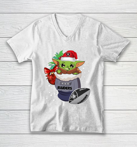 Oakland Raiders Christmas Baby Yoda Star Wars Funny Happy NFL V-Neck T-Shirt 2
