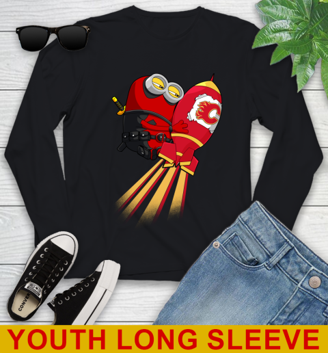 NHL Hockey Calgary Flames Deadpool Minion Marvel Shirt Youth Long Sleeve