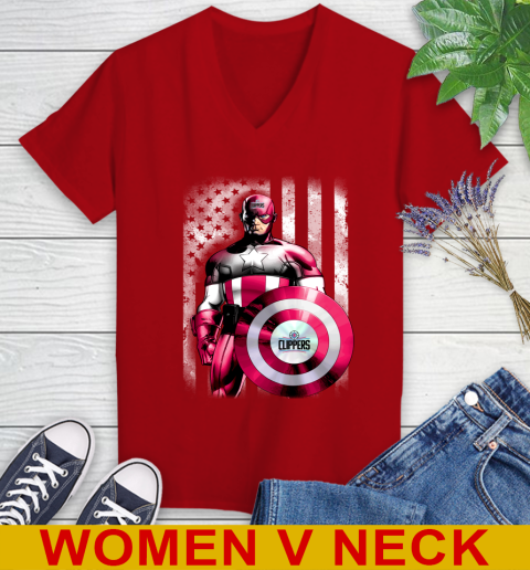 LA Clippers NBA Basketball Captain America Marvel Avengers American Flag Shirt Women's V-Neck T-Shirt 10
