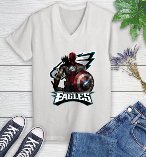 NFL Captain America Thor Spider Man Hawkeye Avengers Endgame Football Philadelphia Eagles Women's V-Neck T-Shirt