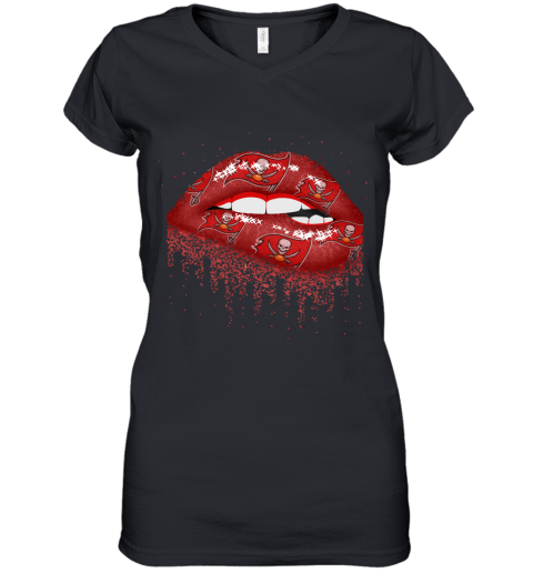 Biting Glossy Lips Sexy Tampa Bay Buccaneers NFL Football Women's V-Neck T-Shirt