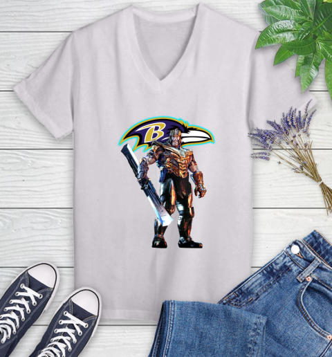 NFL Thanos Gauntlet Avengers Endgame Football Baltimore Ravens Women's V-Neck T-Shirt