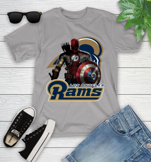 NFL Captain America Thor Spider Man Hawkeye Avengers Endgame Football Los Angeles Rams Youth T-Shirt 4