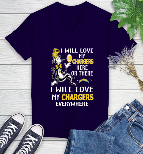 NFL Football Los Angeles Chargers I Will Love My Chargers Everywhere Dr Seuss Shirt Women's V-Neck T-Shirt 3