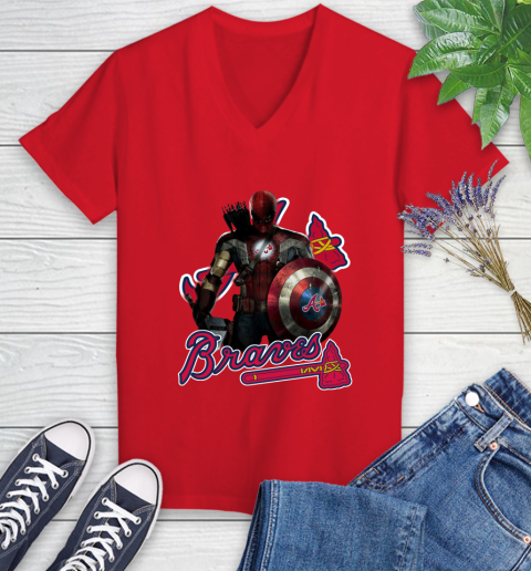 MLB Captain America Thor Spider Man Hawkeye Avengers Endgame Baseball Atlanta Braves Women's V-Neck T-Shirt 12