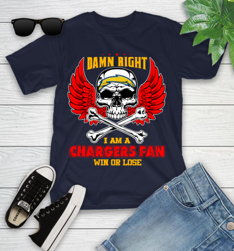 NFL Damn Right I Am A Los Angeles Chargers Win Or Lose Skull Football Sports Youth T-Shirt 2