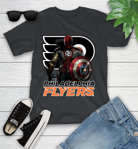 NHL Captain America Thor Spider Man Hawkeye Avengers Endgame Hockey Philadelphia Flyers Youth T-Shirt 2