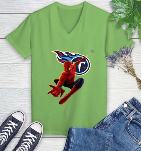NFL Spider Man Avengers Endgame Football Tennessee Titans Women's V-Neck T-Shirt 11