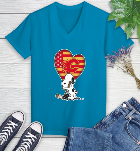 Calgary Flames NHL Hockey The Peanuts Movie Adorable Snoopy Women's V-Neck T-Shirt 7