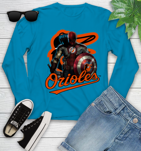 MLB Captain America Thor Spider Man Hawkeye Avengers Endgame Baseball Baltimore Orioles Youth Long Sleeve 7