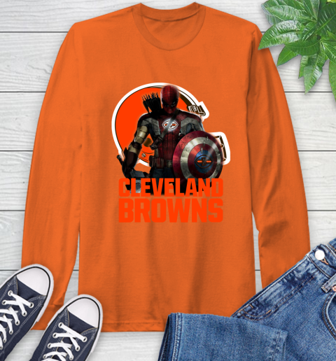NFL Captain America Thor Spider Man Hawkeye Avengers Endgame Football Cleveland Browns Long Sleeve T-Shirt 5