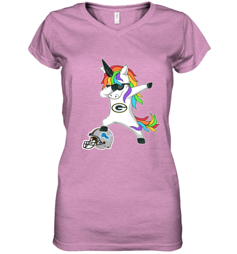 Football Dabbing Unicorn Steps On Helmet Green Bay Packers Women's V-Neck T-Shirt