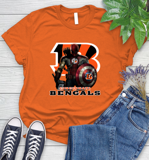 NFL Captain America Thor Spider Man Hawkeye Avengers Endgame Football Cincinnati Bengals Women's T-Shirt 4