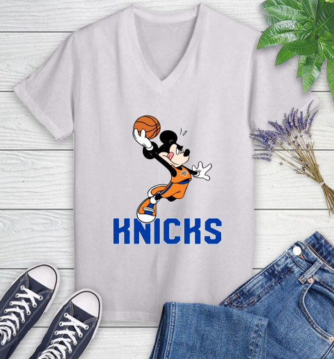 NBA Basketball New York Knicks Cheerful Mickey Mouse Shirt Women's V-Neck T-Shirt 2