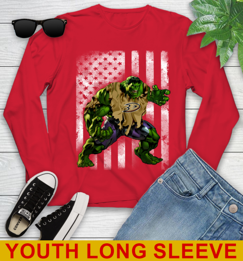 Anaheim Ducks Hulk Marvel Avengers NHL Hockey American Flag Youth Long Sleeve 11