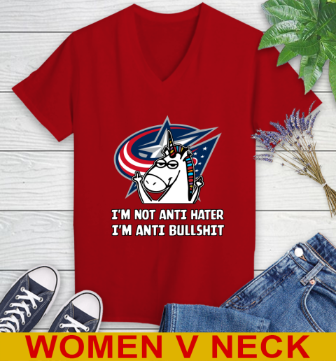 Columbus Blue Jackets NHL Hockey Unicorn I'm Not Anti Hater I'm Anti Bullshit Women's V-Neck T-Shirt 12