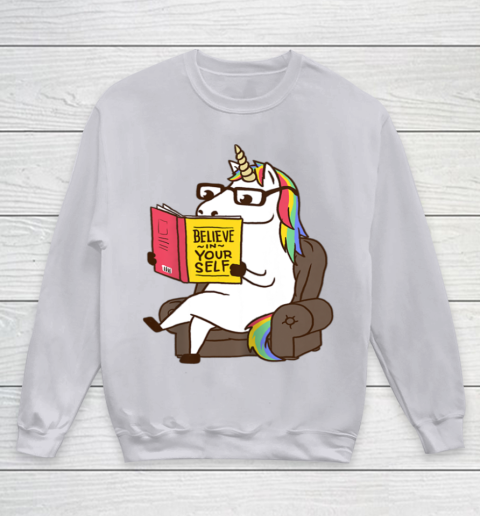 Unicorn Shirt Believe in Yourself Motivational Book Lover Youth Sweatshirt 4