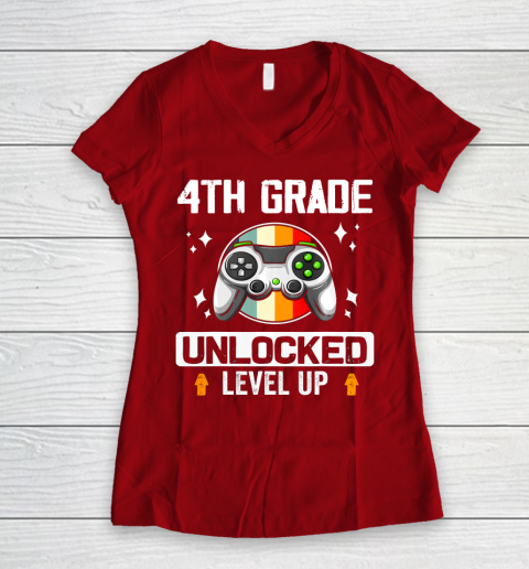 Next Level t shirts 4th Grade Unlocked Level Up Back To School Fourth Grade Gamer Women's V-Neck T-Shirt 8
