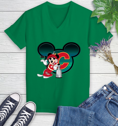 NHL Calgary Flames Stanley Cup Mickey Mouse Disney Hockey T Shirt Women's V-Neck T-Shirt 5