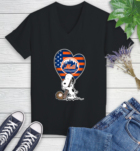 New York Mets MLB Baseball The Peanuts Movie Adorable Snoopy Women's V-Neck T-Shirt 2
