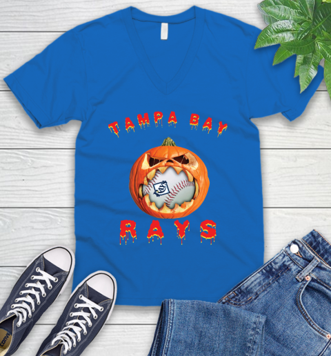 MLB Tampa Bay Rays Halloween Pumpkin Baseball Sports V-Neck T-Shirt 6