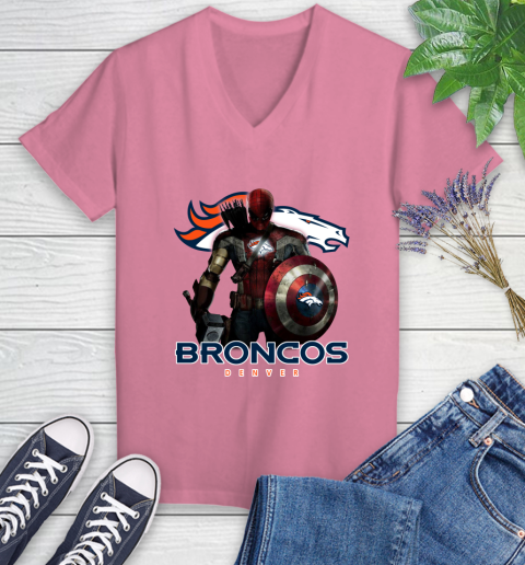 NFL Captain America Thor Spider Man Hawkeye Avengers Endgame Football Denver Broncos Women's V-Neck T-Shirt 13